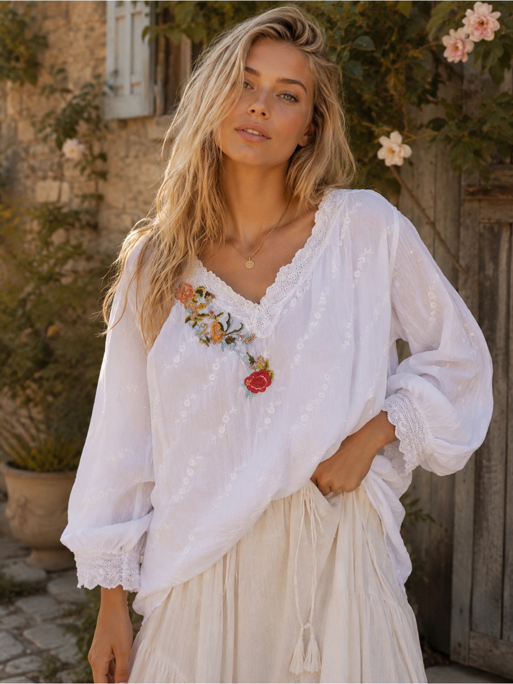 White Embroidered Peasant Blouse Cottagecore Boho Cotton Top S Feminine Coastal